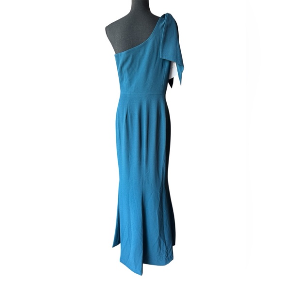 Dress the Population Georgina One-Shoulder Crepe Gown peacock blue NWT Large - Picture 5 of 9